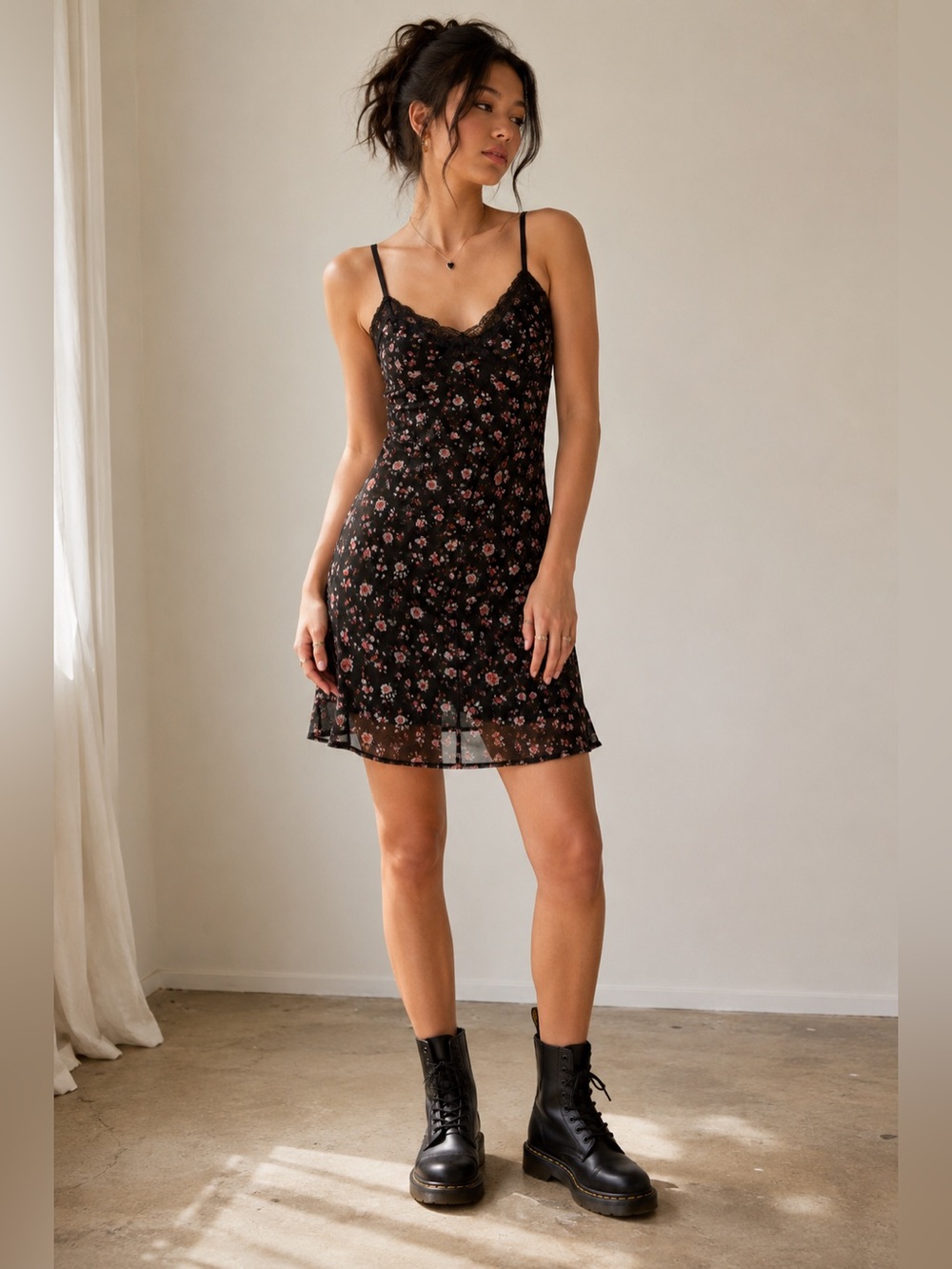 No Boundaries Black Floral Mesh Slip Dress Lace Whimsy Goth Romantic Juniors Sma